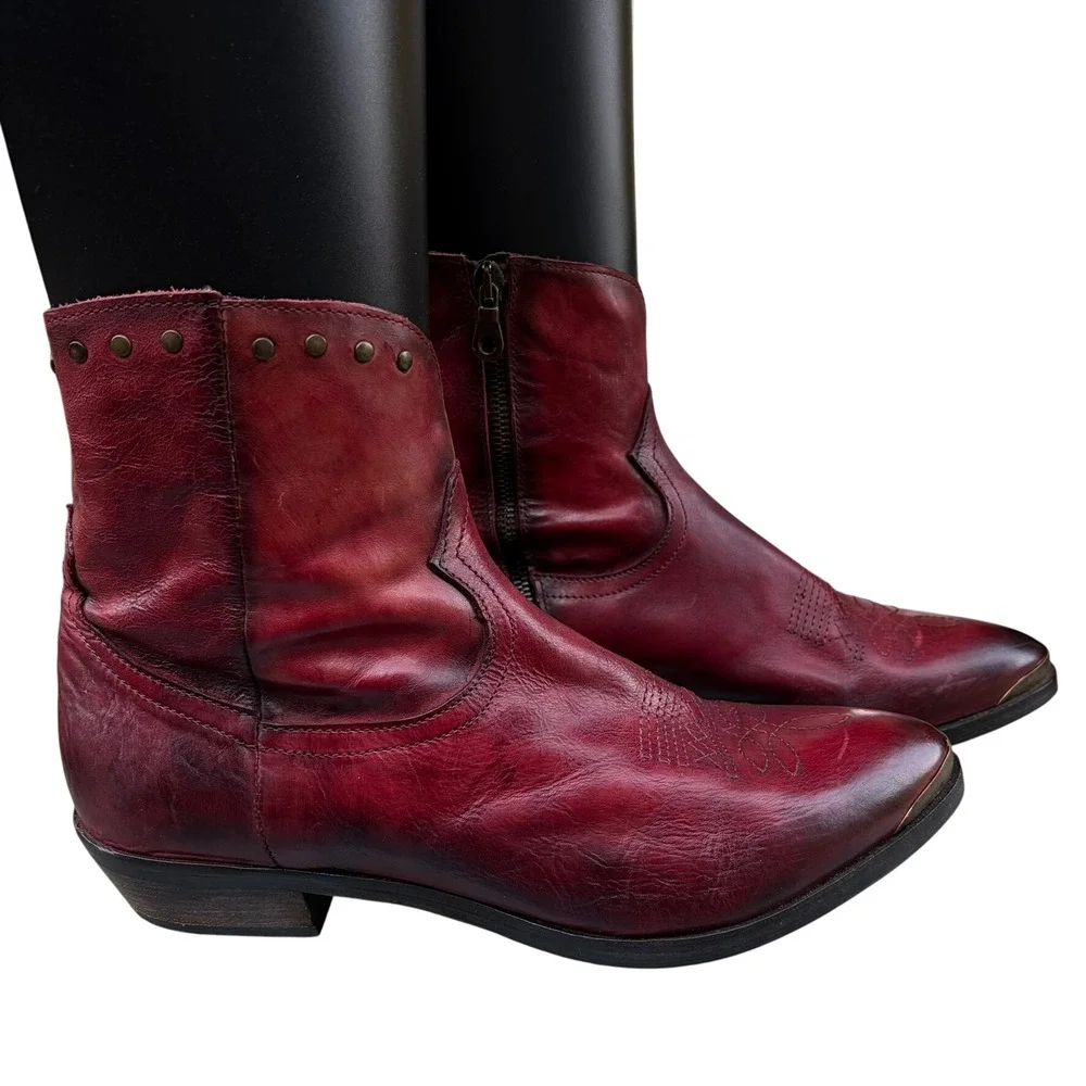 KBR Womens Italian Leather Ankle Cowgirl Boots 42 Burgundy Studded Metal Toe Cap